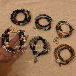 พร้อมส่ง สร้อยข้อมือลูกปัดเซรามิค สไตล์ชนเผ่า วินเทจ ยืดหยุ่น