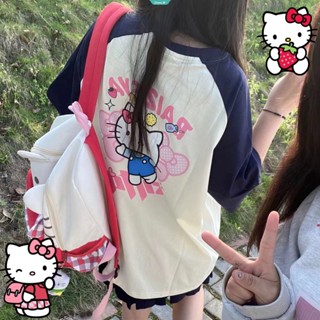 SANRIO เสื้อยืด ทรงหลวม พิมพ์ลายการ์ตูน Hello Kitty สไตล์วินเทจ แฟชั่นสําหรับผู้หญิง