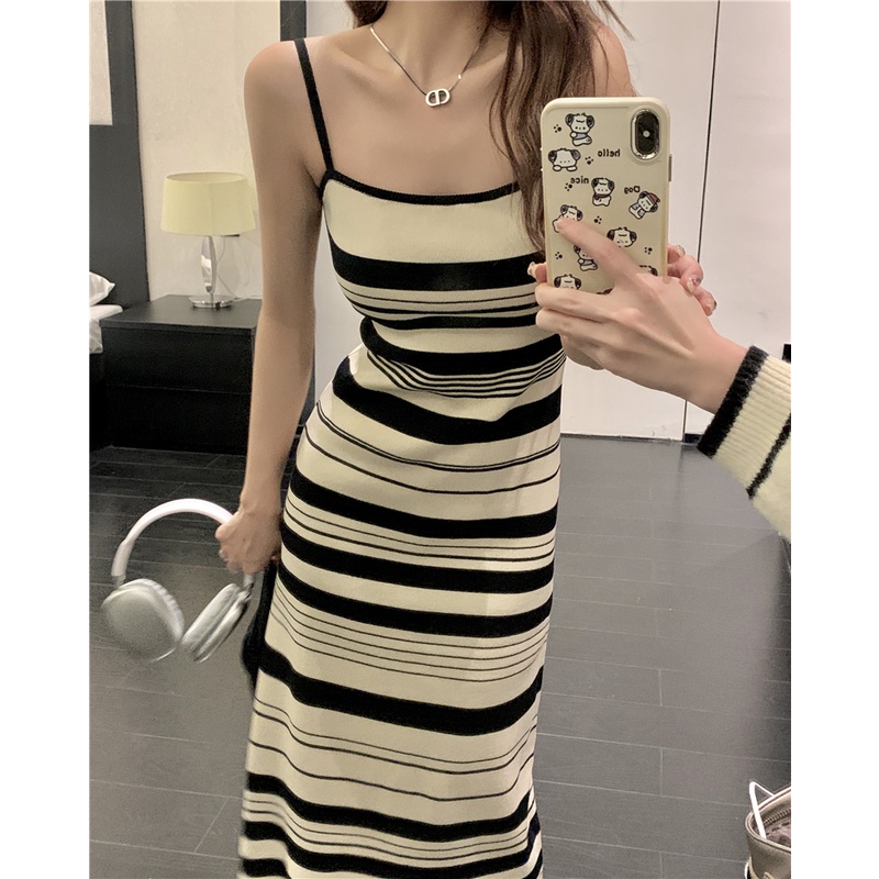 3652#针织条纹吊带连衣裙女2025年夏新款韩系显瘦修身打底背心裙