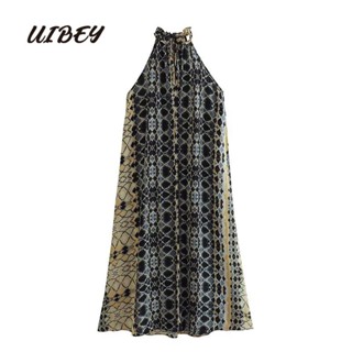 Uibey ชุดเดรสยาวปานกลาง พิมพ์ลาย ไม่มีสาย 9603