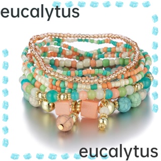 Eucalytus1 สร้อยข้อมือลูกปัดเทอร์ควอยซ์ อะคริลิค หลายชั้น สไตล์โบฮีเมียน สําหรับผู้หญิง