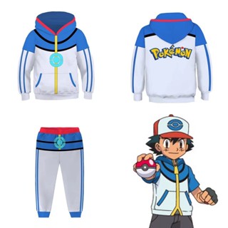 Ash Ketchum เสื้อแจ็กเก็ต คอสเพลย์อนิเมะฮาโลวีน คริสต์มาส แบบสวมหัว สําหรับเด็กผู้ชาย