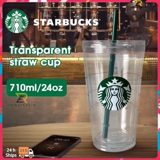 Ready stock Classic Starbucks Straw Cup Cold Cup Cold Cup Double Plastic Cup Transparent Straw Cup 473 /710 Ml ทึ่ง_th