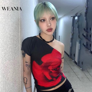 Weania เสื้อยืดลําลอง เปิดไหล่ข้างเดียว พิมพ์ลายดอกกุหลาบ แฟชั่นฤดูร้อน สําหรับผู้หญิง