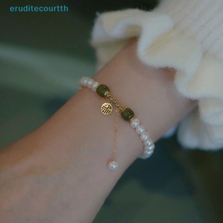 [eruditecourtth] สร้อยข้อมือ ประดับมุก สีเขียว สีแดง สไตล์จีนย้อนยุค เครื่องประดับแฟชั่น สําหรับผู้หญิง [ใหม่]