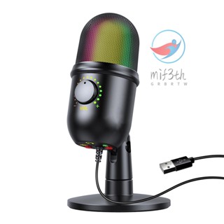 Mif) ไมโครโฟนคอนเดนเซอร์ RGB Cardioid USB พร้อมเอฟเฟกต์แสงที่มีสีสัน ปุ่มเดียว ปิดเสียง ตรวจสอบแบบเรียลไทม์ พร้อมขาตั้งไมค์ตั้งโต๊ะ สําหรับแล็ปท็อป พีซี สตรีมมิ่ง วิดีโอ ประชุมทางไกล