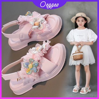 Oeggeo shop Velcro รองเท้าแตะส้นแบน ลายดอกไม้ สําหรับเด็ก