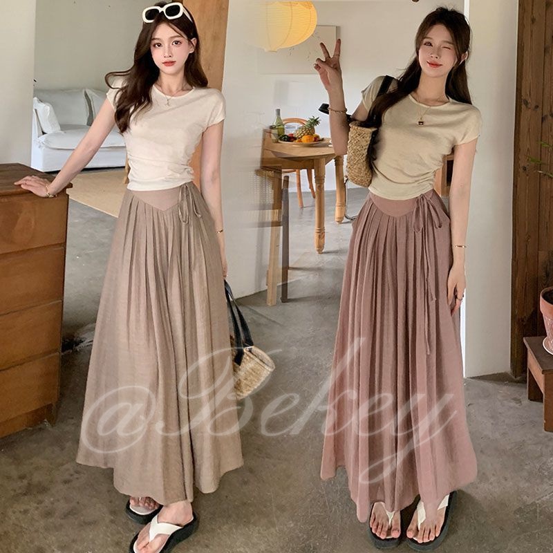 กางเกงเลานจ์ผูกเชือกเอวสูง ผู้หญิงที่เรียบง่าย กางเกงขากว้างอินเทรนด์ ฤดูร้อนใหม่ พร้อมส่งจากไทย