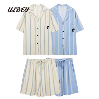 Uibey เสื้อเชิ้ต คอปก ปักลายทาง + กางเกงขาสั้น สไตล์ฝรั่งเศส 168