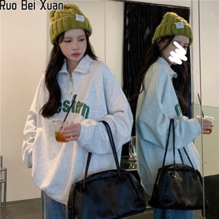 Ruo Bei Xuan ผู้หญิงใหม่โปโลเสื้อสเวตเตอร์คอปกหลวมครึ่งซิปแขนยาวด้านบน