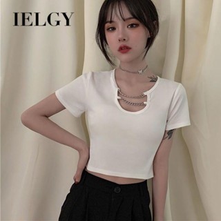 IELGY   เสื้อยืดแขนสั้น เอวสูง สไตล์เกาหลี สําหรับผู้หญิง