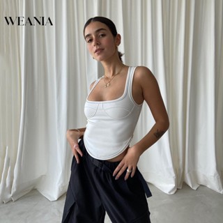 Weania เสื้อครอปท็อป คอสี่เหลี่ยม แบบเย็บติดกัน ทรงไม่สมมาตร สําหรับผู้หญิง