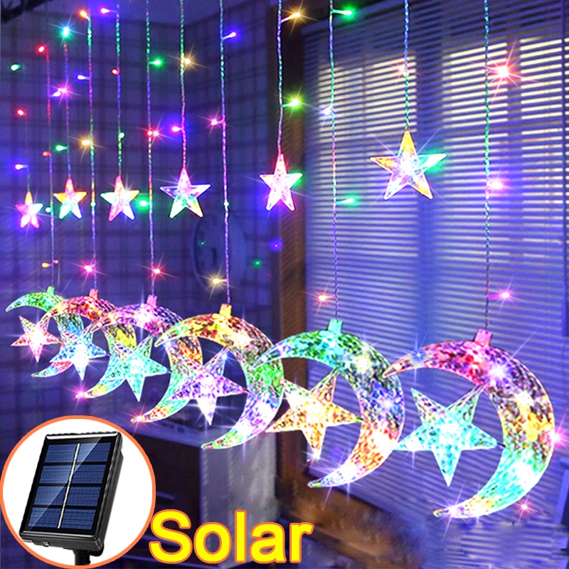 Ligyetor Lampu Raya พลังงานแสงอาทิตย์ Moon Star ผ้าม่านไฟ LED String Light LED Star Light กันน้ํากลางแจ้ง Creative Xmas สําหรับคริสต์มาสงานแต่งงาน Hari Raya ตกแต่ง