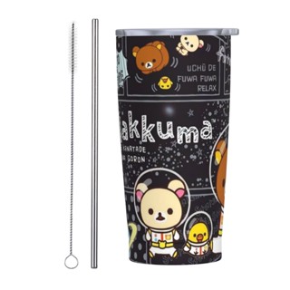 Rilakkuma แก้วน้ําสเตนเลส มีฉนวนกันความร้อน พร้อมฝาปิด และหลอดดูด ใช้ซ้ําได้ ของขวัญวาเลนไทน์