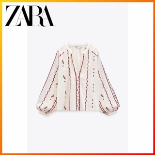 Zara ใหม่ เสื้อท็อป ผ้าฝ้ายผสม ปักลาย สําหรับผู้หญิง