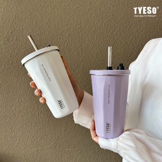 Tyeso ใหม่ กระติกน้ําร้อน กาแฟ สเตนเลส มีฉนวนกันความร้อน ความจุขนาดใหญ่ 600 มล. พร้อมหลอดดูด สําหรับรถยนต์