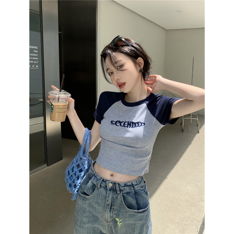 ส่งไวจากไทย TAYCEN M-XL ผู้หญิง งานปัก เสื้อครอป ท็อป แขนสั้น เรียบๆ เกาหลี เสื้อ