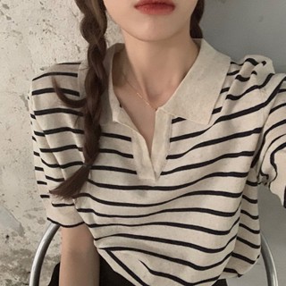 Korean striped short-sleeved T-shirt womens thin spring and summer new slim POLO T-shirt bottom shirt