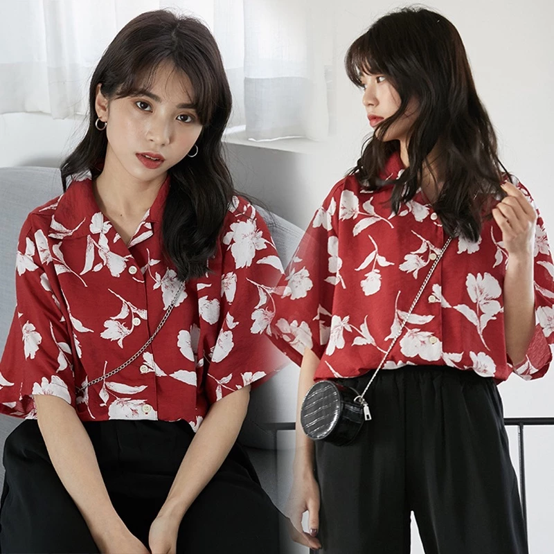 เสื้อเชิ้ตแขนสั้น ลายดอกวินเทจ ผ้าไหมอิตาลี สงกรานต์ผู้หญิง