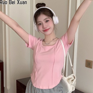 RUO BEI XUAN ฤดูร้อนใหม่สไตล์เกาหลีลำลองผ้าฝ้ายสีทึบแขนสั้นเสื้อยืดด้านล่าง