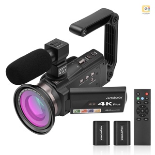 Andoer กล้องบันทึกวิดีโอดิจิทัล 4K 60FPS 48MP WiFi 1 ตัวบันทึกวิดีโอ ไมโครโฟน 1 ตัว รีโมตคอนโทรล 1 แบตเตอรี่ 2 เลนส์กล้อง 1 ด้ามจับ 16X Zoom 3 นิ้ว