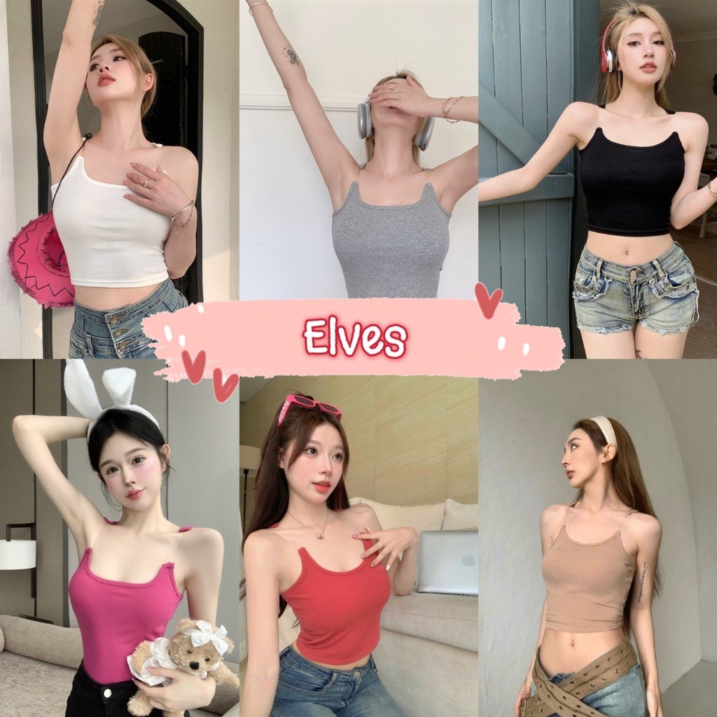 Elves พร้อมส่ง เสื้อสายเดี่ยว เสื้อกล้าม สายใส ผ้ารัดรูปทิ้งตัวสายฝอ ~FY518/M2112-1-C~ -DD