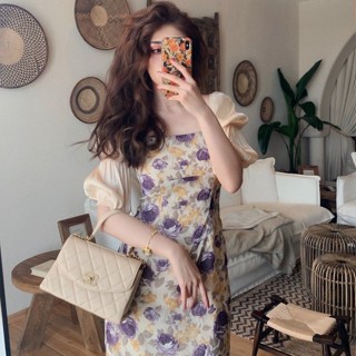 Eva Style🍒พร้อมส่ง✨เดรส🌺เดรสลายดอกไม้สไตล์ฝรั่งเศสมาใหม่ กระโปรงทรงสลิมคอเหลี่ยมยาว เนื้อผ้านุ่มสวมใส่สบาย