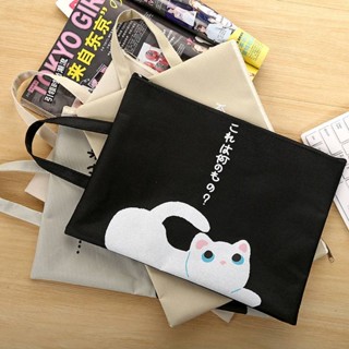 เเฟ้มกระเป๋ามีหูหิ้ว มีซิปปิด กระเป๋าผ้าสกรีนลายเเมว neko สุด cute