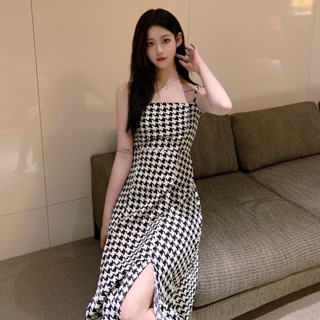 ชุดเดรสยาว แขนกุด เปิดไหล่ ลายสก๊อต สีแดง สไตล์เกาหลี วินเทจ พลัสไซซ์ สีดํา หรูหรา เหมาะกับฤดูร้อน สําหรับผู้หญิง