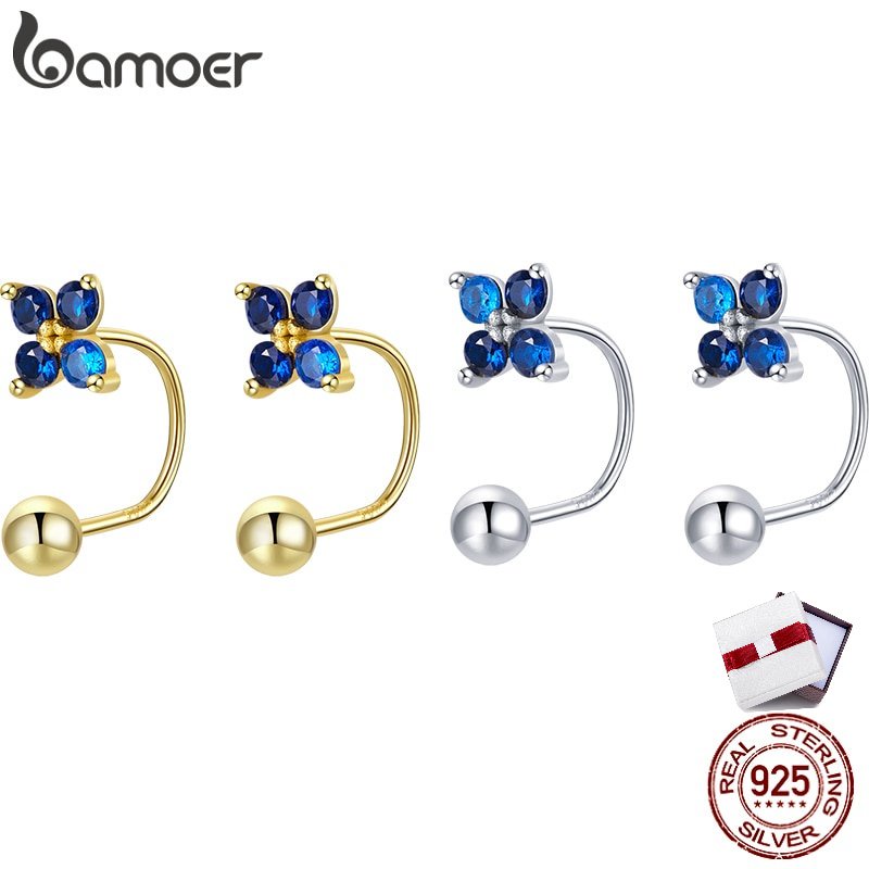 Bamoer ต่างหูสตั๊ด เงินแท้ 925 จี้รูปใบโคลเวอร์นําโชค ประดับคริสตัล สีฟ้า เครื่องประดับ สําหรับผู้หญิง และเด็กผู้หญิง SCE1177