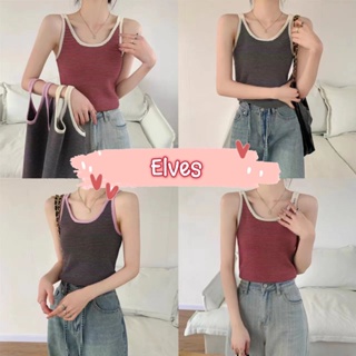 Elves✨พร้อมส่ง✨ เสื้อกล้ามไหมพรม สายเดี่ยวลายทาง ~7673~ -C