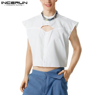 Incerun เสื้อแขนกุด ตัวสั้น กลวง สีพื้น