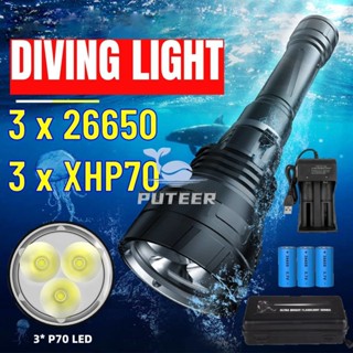 [ใหม่ 2023] ไฟฉายดําน้ํา 70W สว่างมาก 3x P70 Led 80 ม. แบตเตอรี่ 3x26650 2 โหมด สีขาว เหลือง