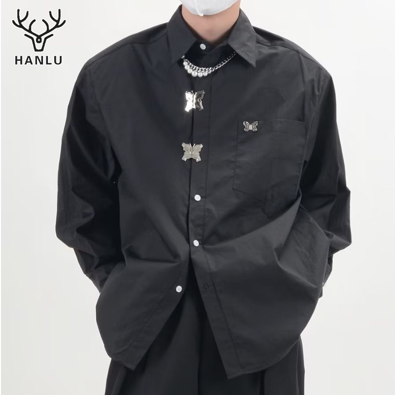 Hanlu เสื้อเชิ้ตแขนยาว กระดุมผีเสื้อ ทรงหลวม อเนกประสงค์ แฟชั่นฤดูใบไม้ผลิ 2023