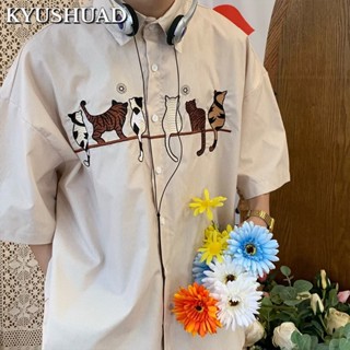 KYUSHUAD เสื้อแขนสั้นขี้เกียจสำหรับคู่รักสไตล์ฮ่องกงย้อนยุค, เสื้อย้อนยุคปักลายแมวเหมียว,