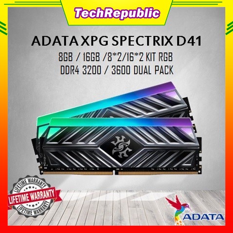 Adata XPG SPECTRIX D41 แรมเกมมิ่ง PC 8GB 16GB 8*2 16*2 KIT RGB DDR4 3200 3600 DUAL PACK DESKTOP (สีดํา)