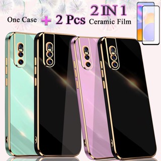 2 IN 1 เคสชุบไฟฟ้า ขอบตรง พร้อมตัวป้องกันหน้าจอเซรามิค ทรงโค้ง สําหรับ VIVO V15 Pro