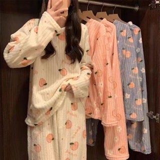 [Pajamas] ชุดนอน ผ้าฟลีซ แบบหนา ลายหมีน่ารัก เหมาะกับฤดูหนาว สําหรับผู้หญิง