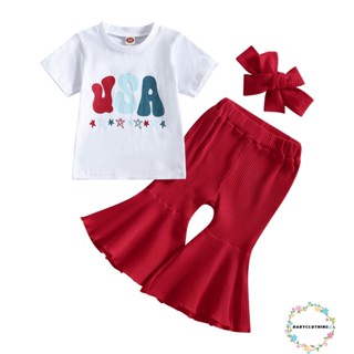 Babyclothes- วันประกาศอิสรภาพ เสื้อผ้าเด็กผู้หญิง พิมพ์ลายตัวอักษร ดาว แขนสั้น เสื้อยืด กางเกงบาน สีแดง ที่คาดผม 3 ชิ้น เซต