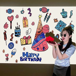 Ins โคมไฟโปรเจคเตอร์ LED ลายการ์ตูน Happy Birthday สําหรับตกแต่งพื้นหลัง ถ่ายภาพ ปาร์ตี้วันเกิด