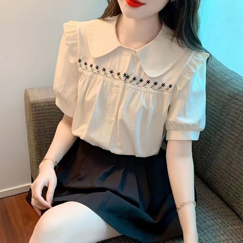 พร้อมส่งจากไทย เสื้อเชิ้ตคอตุ๊กตาปักลายผู้หญิง แขนพองระดับไฮเอนด์สไตล์ตะวันตก เสื้อเชิ้ตอ