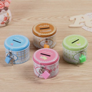 Ready 1pc Round Cute Piggy Bank Money Box With Lock And Key Metal Cartoon Birthday Gift Serein