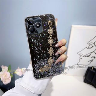 พร้อมส่ง ใหม่ เคสโทรศัพท์มือถือ ซิลิโคนนิ่ม ปิดด้านหลัง ลายดอกพลัม แต่งกลิตเตอร์ดาว พร้อมสร้อยข้อมือเพชร สําหรับ Realme C53 C55 NFC 2023 RealmeC53