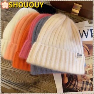 SHOUOUY หมวกถักไหมพรม แบบหนานุ่ม ยืดหยุ่น สีพื้น แฮนด์เมด ให้ความอบอุ่น แฟชั่นฤดูหนาว