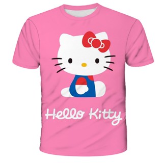 เสื้อยืดแขนสั้น พิมพ์ลายการ์ตูน Hello Kitty 3 มิติ สําหรับเด็กผู้ชาย และเด็กผู้หญิง