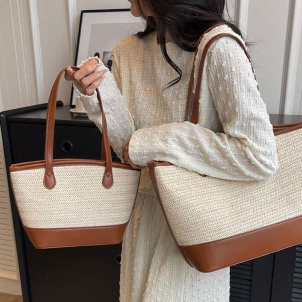 Bubble Straw Beach Bag, กระเป ๋ าสะพายไหล ่ สีตัดกันขนาดใหญ ่ , กระเป ๋ าสะพายข ้ างทอแฮนด ์ เมดกระเป ๋ าเดินทาง