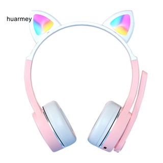 Huarmey ชุดหูฟังบลูทูธไร้สาย รองรับการ์ด TF RGB แฟลชไลท์ รูปหูแมวน่ารัก พร้อมสติกเกอร์ สําหรับเด็ก