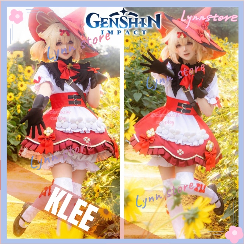 Klee ชุดใหม่ ''Blossoming Starlight'' เกมคอสเพลย์เครื่องแต่งกาย Genshin Impact ชุดโลลิต้า ชุดแม่มดผิวใหม่ หมวก+วิกผม+กระเป๋า