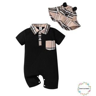 Babyclothes- ชุดจั๊มสูทรอมเปอร์ แขนสั้น คอปก ลายสก๊อต ฤดูร้อน พร้อมหมวก สําหรับเด็กผู้ชาย