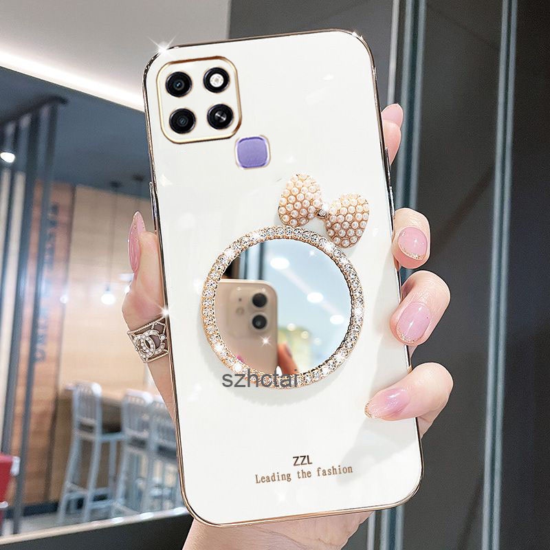 เคส Infinix Smart 6 HD X6511 X6511B X6511E X6512 หรูหรา มุก โบว์ กระจกแต่งหน้า ชุบ ซิลิโคน เคสโทรศัพ